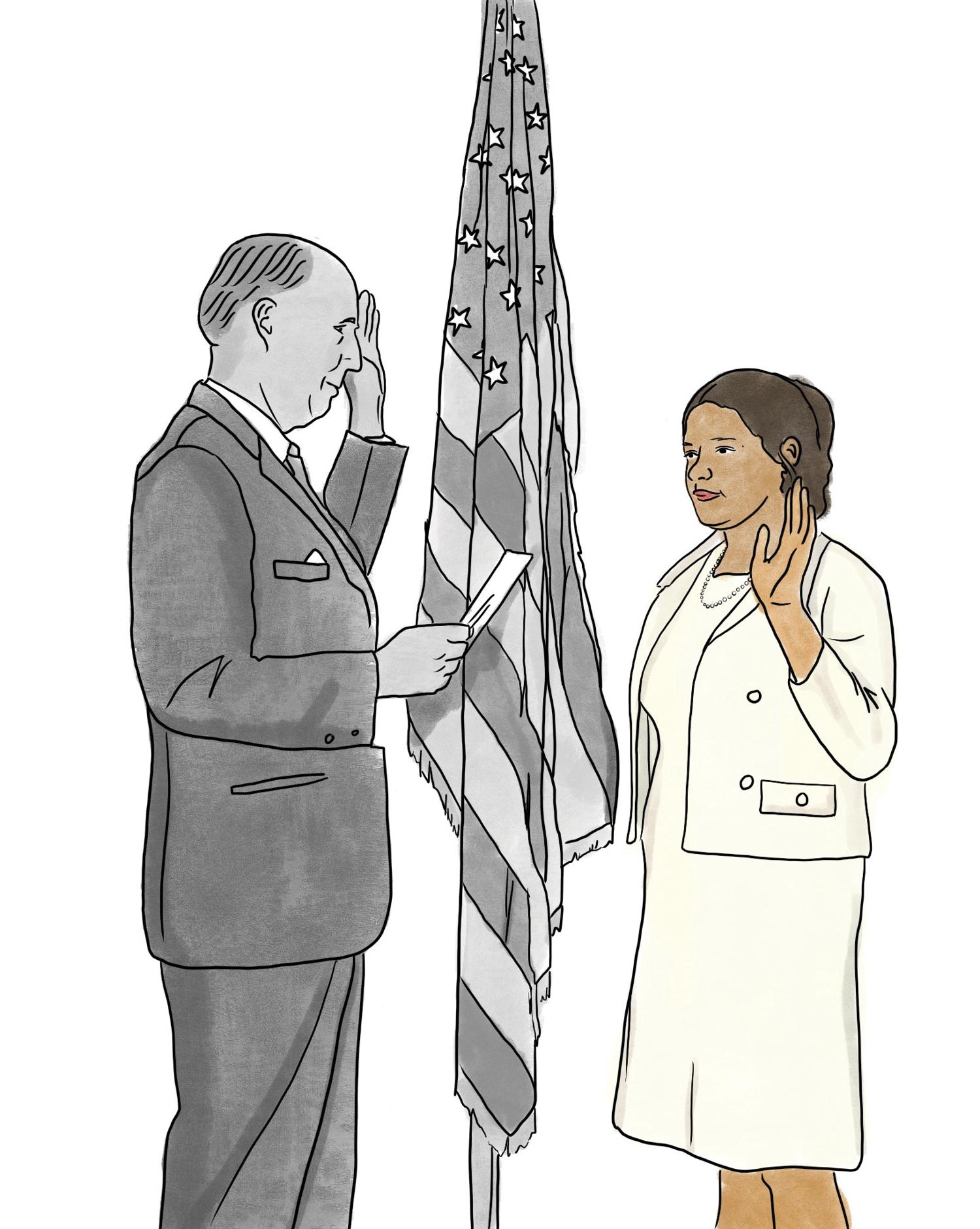 A woman being sworn into office in front of an American flag