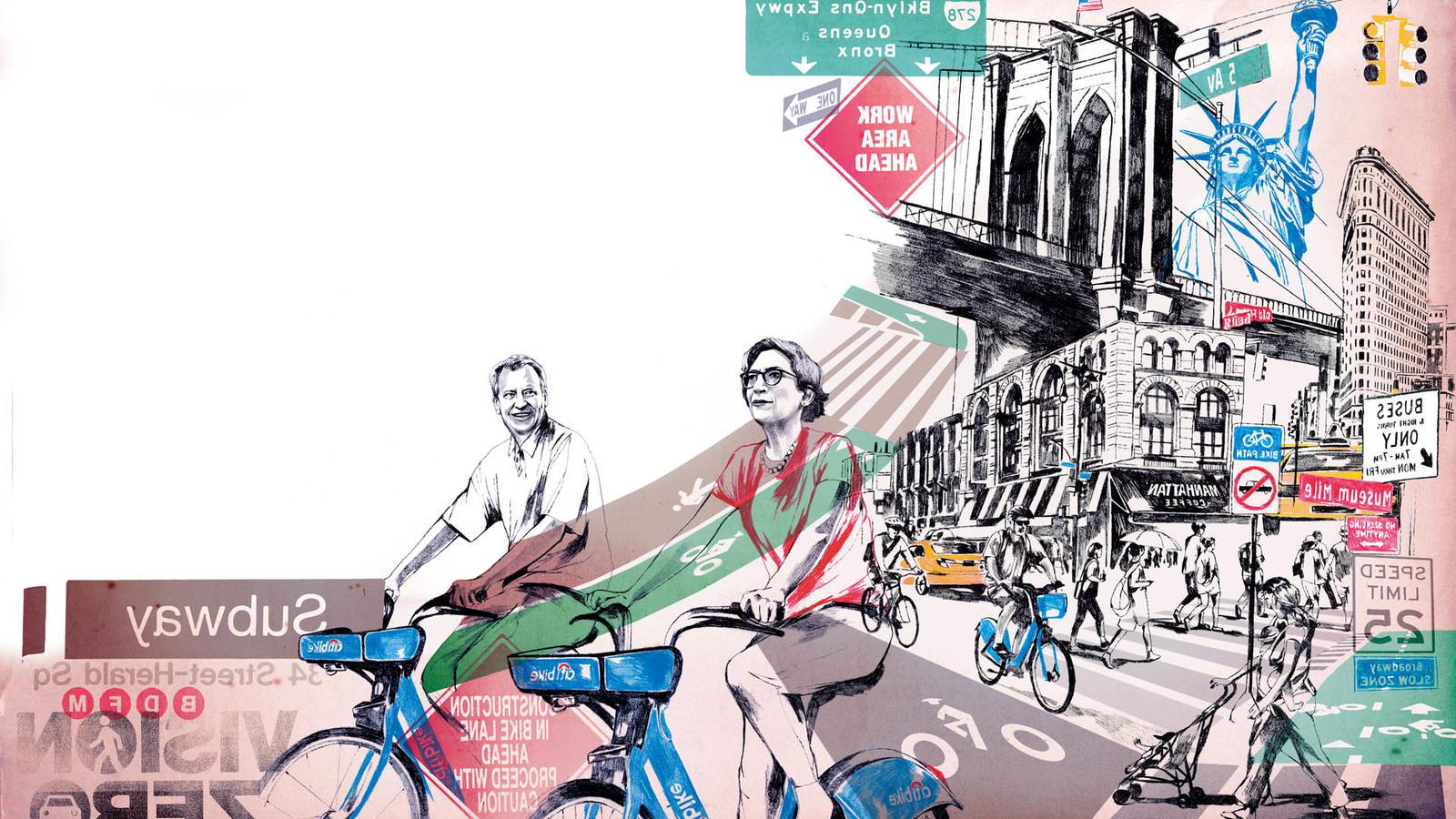 插图曼哈顿街景，polly trottenberg骑自行车