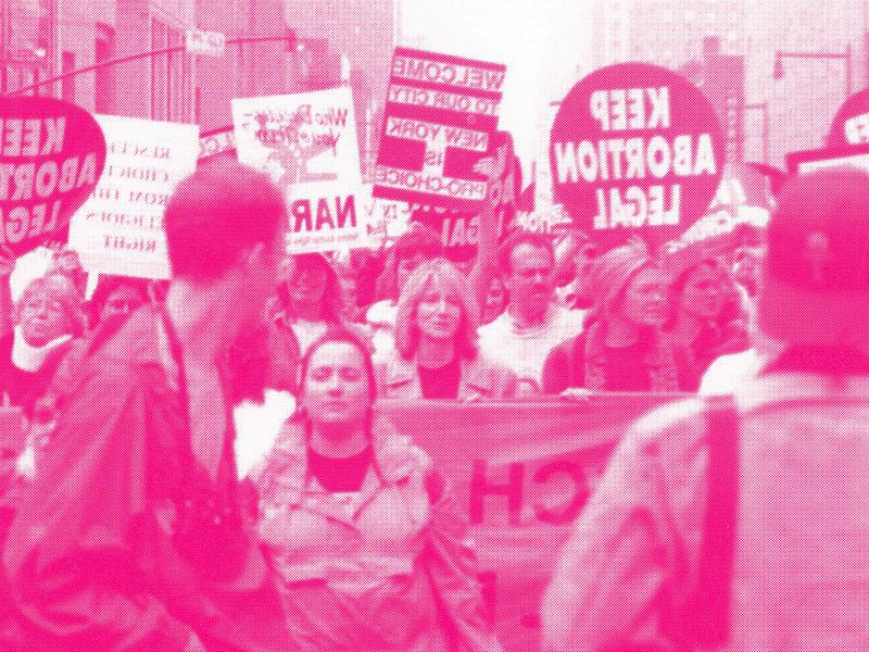 Abortion protest from 1980s with people holding signs such as "Keep Abortion Legal"